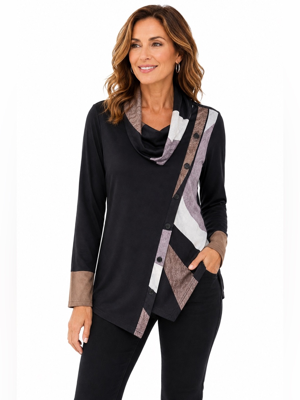Just Fashion Now M Asymmetrical Cowl Neck Geometric Button Tunic Top